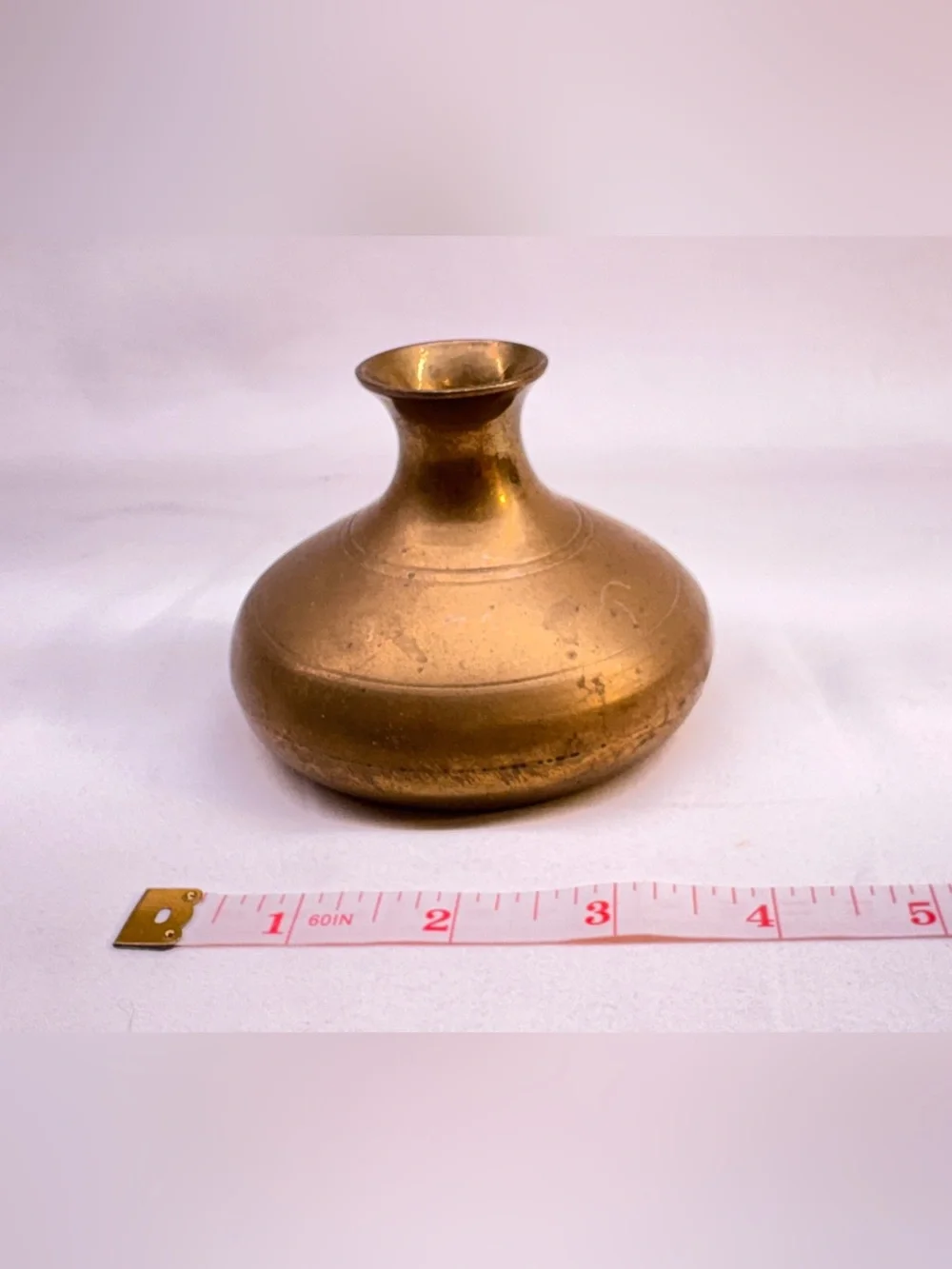Vintage Brass Squat Bud Vase Small Round Etched Line Pot Home Decor